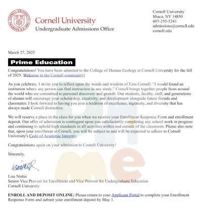 Offer letter from Cornell University