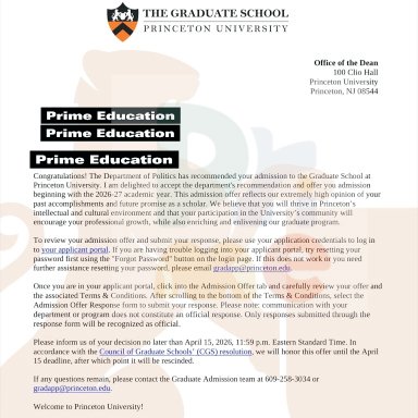 Offer letter from Princeton University