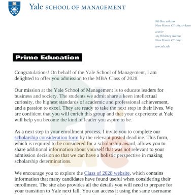 Offer letter from Yale School of Management